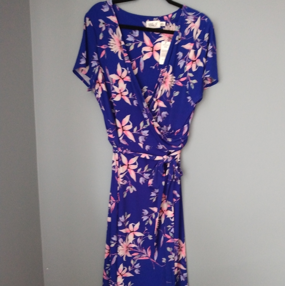New Blue and Pink Flower Faux Wrap Dress Long Comfortable Summere wear